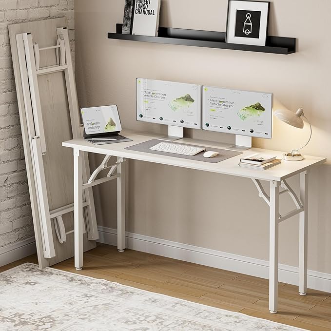 Frylr Small Folding Computer Desk β Portable 55.1 Inch Foldable Laptop Table, Collapsible and Compact for Easy and Fast Setup, Lightweight for Small Spaces, Home Craft and Study Use, White Ash