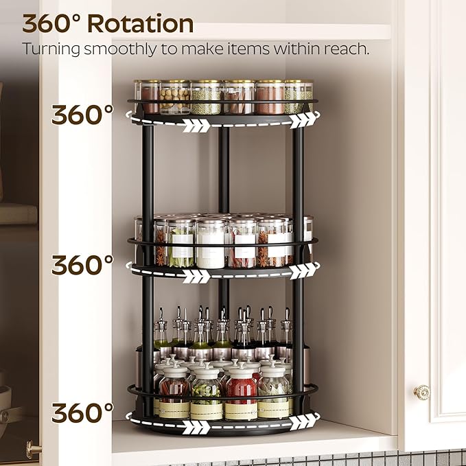 3-Tier Lazy Susan Organizer, Rotating Spice Rack, Spinning Organizer, Industrial Turntable Spice Rack Organizer for Cabinet, Kitchen Countertop, Pantry, Black SR23BK-Ruum Studio Home