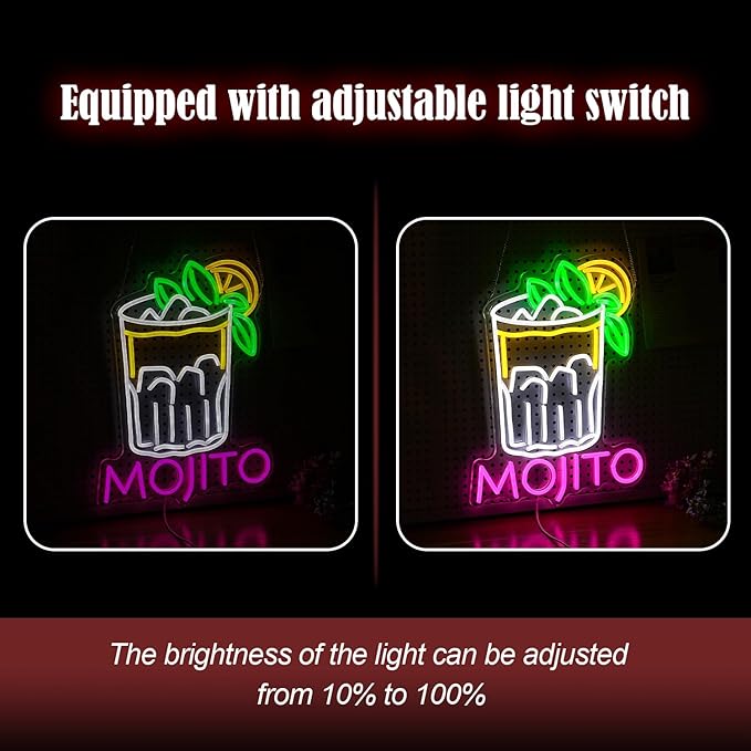 Mojito Neon Sign Mojito Cocktail Neon Light for Wall Decor Dimmable LED USB Powered Mojito Light Up Sign for Bar Club Party Home Bar Man Cave Living Room (16.7 * 12.8In)