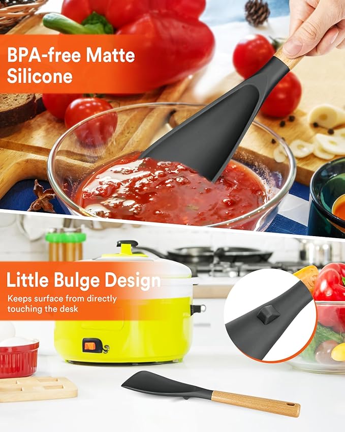 Multifunction Spatula Spoon for Nonstick Cookwares, Great for Cooking and Serving, Sturdy BPA-Free Matte Silicone, Wood Handle Spatula for Mixing, Scoop, and Scrape, Grey(2 pack,11.4" & 13.4")-Ruum Studio Home