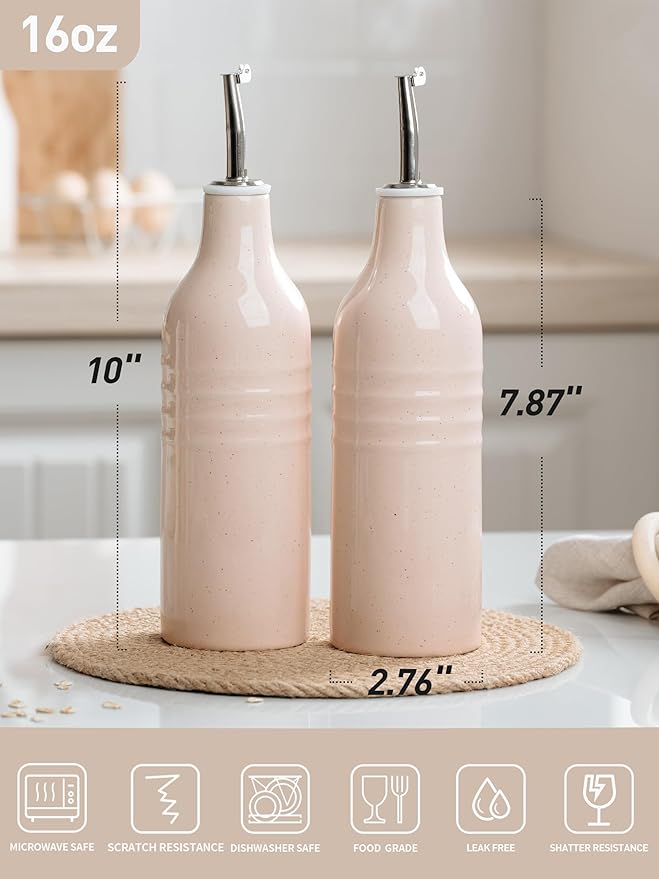 famiware Jupiter 16oz Ceramic Olive Oil Dispenser Bottle, Olive Oil and Vinegar Dispenser Bottle Set of 2 with Stainless Steel Pourers, Suitable for Storage Vinegar, Liquids, Light Pink-Ruum Studio Home