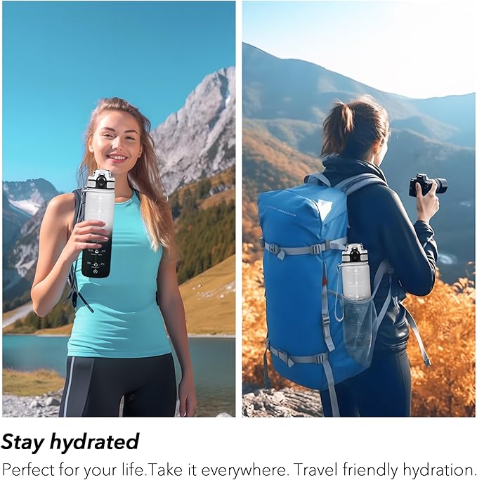 32oz Motivational Water Bottles with Time Marker & Fruit Strainer, Transparent Gradient Color Water Bottle with Times to Drink, Leakproof & BPA Free, Reusable Bottle with Strap (No Straw)-Ruum Studio Home