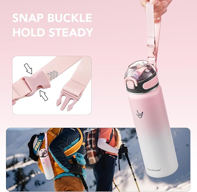Enerbone 24 oz Insulated Water Bottle, Stainless Steel Bottle with Carrying Strap, Double-Wall Vacuum Insulation Design, Leakproof Sports Bottle with Straw, Keep Drinks Cold or Hot for Hours-Ruum Studio Home