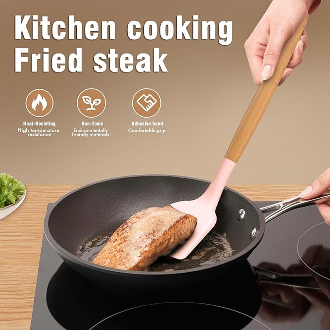 Silicone Cooking Utensils Set - Silicone Kitchen Utensils for Cooking Wooden Handles, 446°F Heat Resistant Kitchen Utensil Spatula Sets w Holder, Gadgets for Non-Stick Cookware BPA FREE (Multicolour)-Ruum Studio Home
