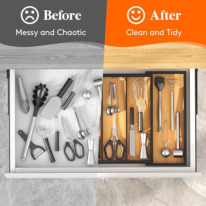 Lifewit Utensil Organizer for Kitchen Drawer, Bamboo Cooking Utensil Tray, Expandable Cutlery Silverware Flatware Holder, Adjustable Spatula Tools Gadgets Storage Divider, Large, Natural and Black-Ruum Studio Home