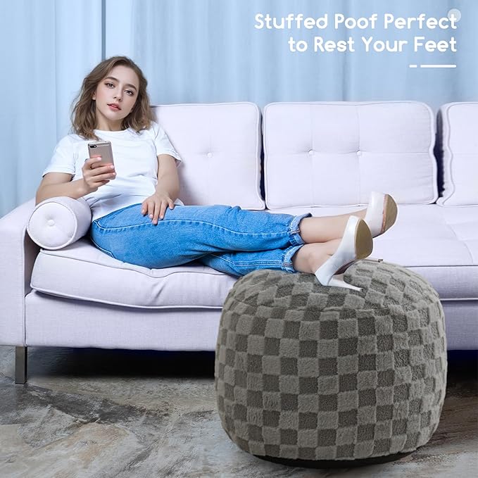HIGOGOGO Round Stuffed Pouf Ottoman, Plaid Poufs with Foam Chunk Filling, Fluffy and Furry Pouf Foot Stool Storage Ottoman, 26 X 18 Floor Poufs Foot Rest for Living Room, Grey-Ruum Studio Home