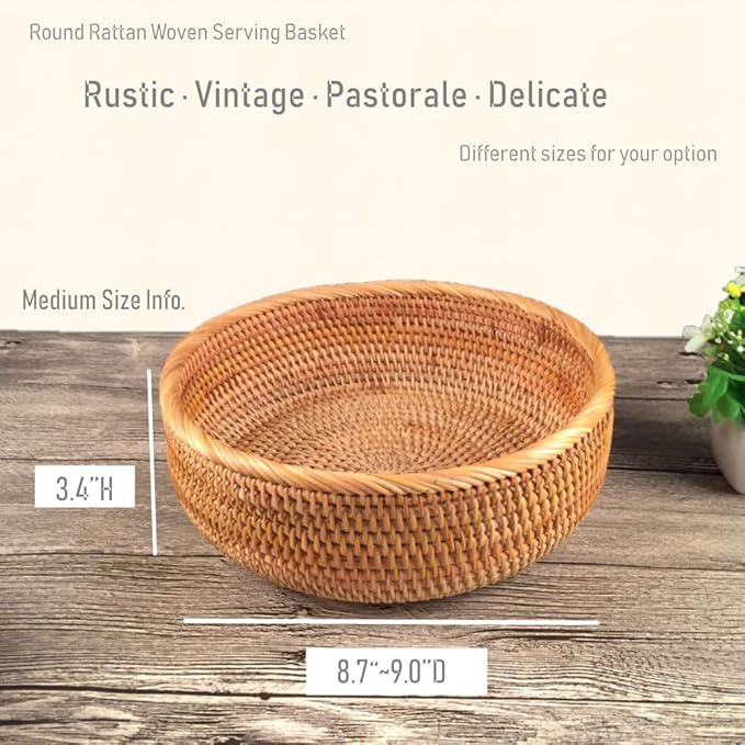 Set of 2 Round Rattan Bowl Baskets, 8 9 Inch Handmade Wicker Basket Tray with 3”Deep Wall, Decorative Woven Brown Bread Basket Fruit Bowl Table Key Holder, 2-Size-Ruum Studio Home