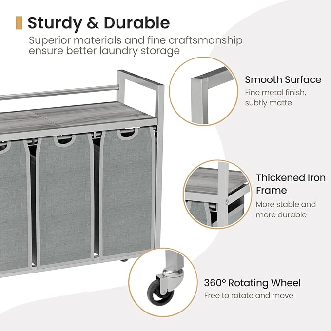 Laundry Hamper, Laundry Basket, Laundry Sorter with 3 Removable Bags, Clothes Basket with 3 Compartments, Wheels, Shelf for Laundry Room Bathroom Bedroom (3 Bags-Gray)-Ruum Studio Home