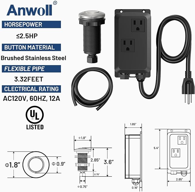 Garbage Disposal Air Switch Kit -Professional- Dual Outlet, Sink Top Waste Disposer On/Off, Garbage Disposal Button, UL Listed-Ruum Studio Home