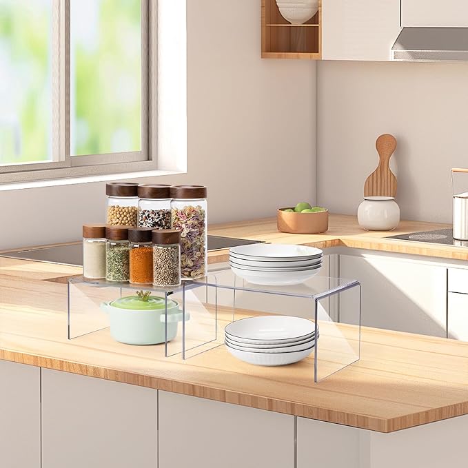 Acrylic Clear Kitchen Rack for Dishes, Spices Jars and Mugs, Kitchen Counter Cabinet Organizer, Clear Spice Rack Shelves, 5mm Thick, 2 Pack-Ruum Studio Home