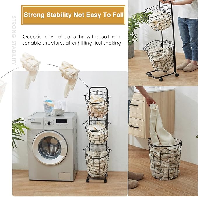 3 Tier Laundry Basket with Rolling Lockable Wheels Wire Metal Sorter Storage Trolley Shelf Basket Durable Metal Sorter Clothes Storage Trolley Shelf with Removable Hamper for Organizing Clothes-Ruum Studio Home