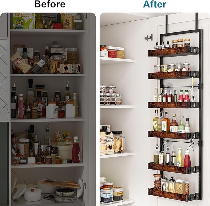 bukfen Over the Door Pantry Organizer, 6-Tier Adjustable Wooden Basket Kitchen Pantry Door Organization and Storage, Heavy-Duty Metal Hanging Kitchen Spice Rack,D6.3 x W17.71 x H50.60 inch,1 Pack-Ruum Studio Home