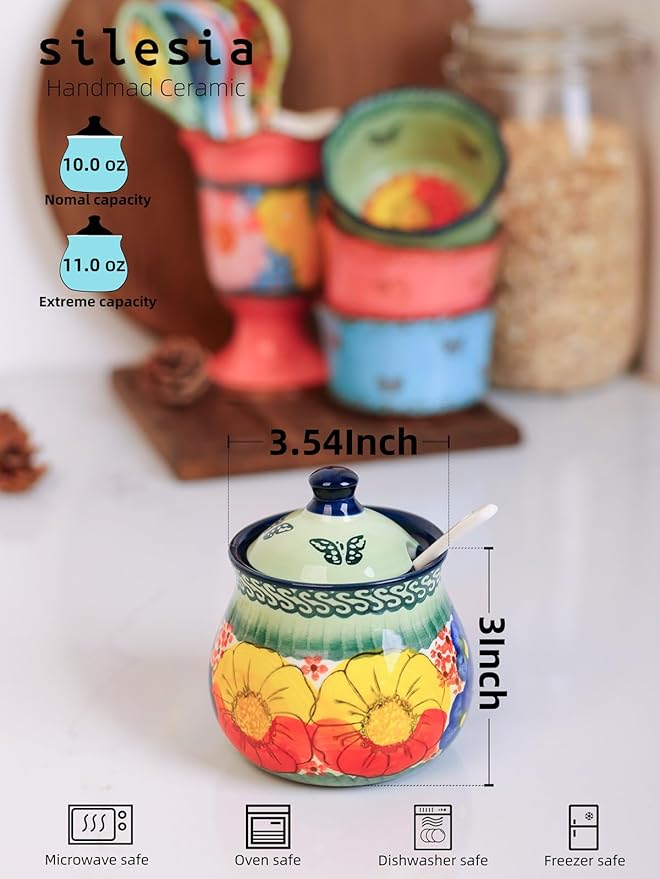 silesia Handmade Sugar Bowl with Lid and Spoon, 9 Ounce Ceramic Hand-Painted Sugar Jar for Home in Gift Box, Kitchen Decor, Oven, Dishwasher & Microwave Safe, Glazed Green-Ruum Studio Home