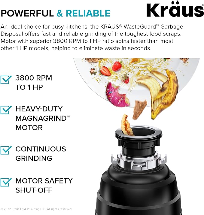 KRAUS WasteGuard 1 HP Ultra-Quiet Garbage Disposal with Quick Connect, Kitchen Sink Drain Cover, Power Cord and Flange Included, KWD100-100MBL-Ruum Studio Home