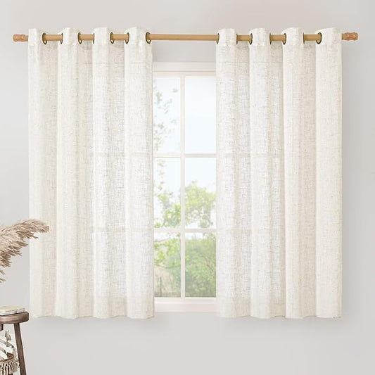 LAMIT Linen Semi Sheer Curtains 45 Inch Length, Cream Light Filtering Short Linen Neutral Decorative Window Curtains with Bronze Grommet for Bedroom/Farmhouse, 2 Panels Set, 52 x 45 Inch-Ruum Studio Home