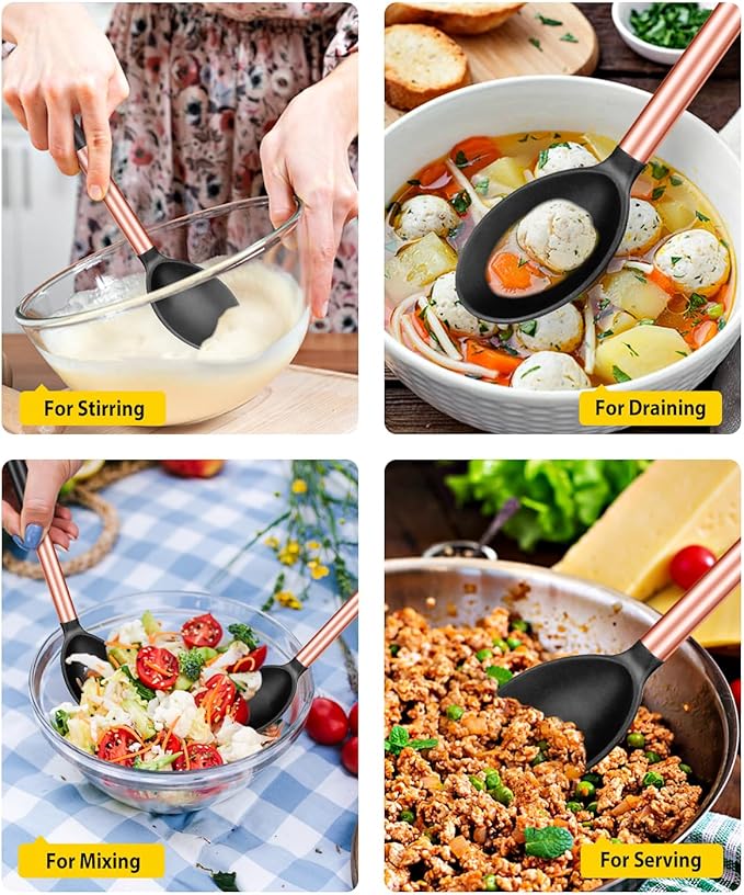 Pack of 2 Large Silicone Cooking Spoons,Non Stick Solid Basting Spoon,Heat-Resistant Kitchen Utensils for Mixing,Serving,Draining,Stirring (ROSE GOLD BLACK)-Ruum Studio Home
