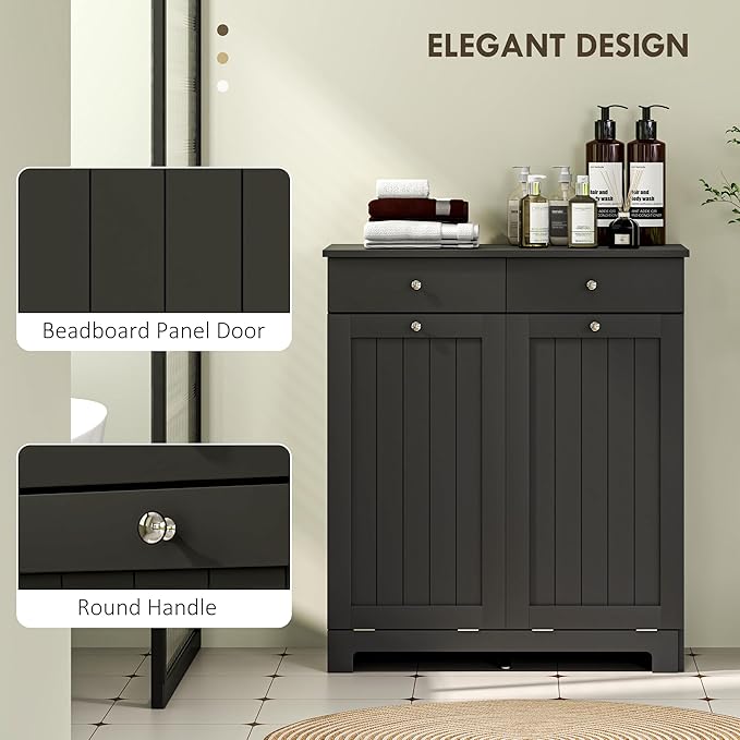 HOMCOM Laundry Hamper Cabinet with 2 Removable Baskets, Tilt Out Laundry Hamper Cabinet with 2 Drawers and 2 Beadboard Doors, Laundry Cabinet Bathroom Storage Cabinet, Black-Ruum Studio Home