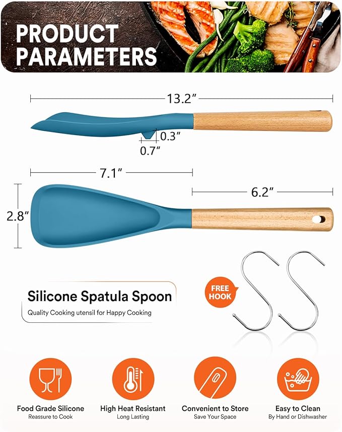 Cooking Spoon for Nonstick Cookwares, Great for Cooking and Serving Sturdy BPA-Free Matte Silicone, Wood Handle Spoon for Mixing, Scoop, and Scrape (Khaki & Turquoise, 13.4 inch)-Ruum Studio Home