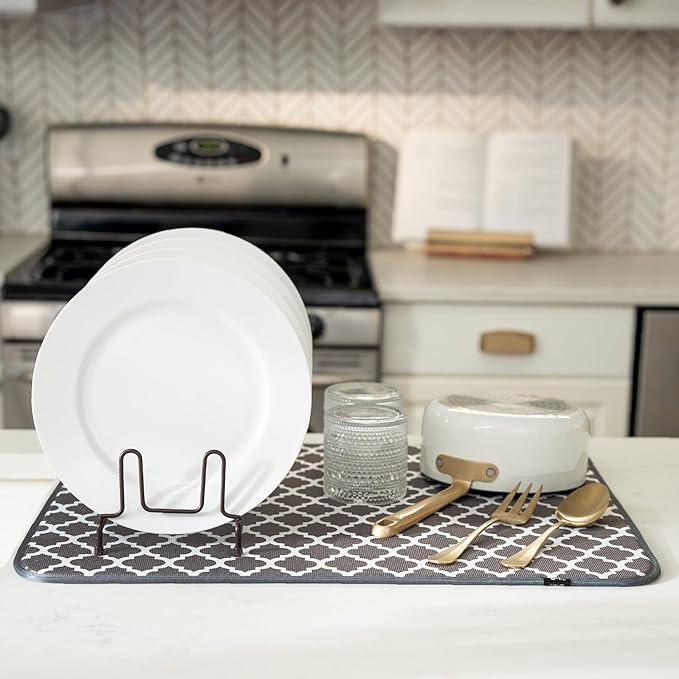 S&T INC. Dish Drying Mat XL, 18” x 24”, Absorbent Microfiber Kitchen Counter Mat, Dish Drying Pad for Dishes, Utensils, Pots and Pans, Extra Large, Pewter Grey Trellis-Ruum Studio Home