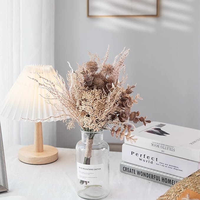 2 Pack Boho Artificial Flowers Plants Bouquet Decoration 13.8inch, Fake Plastic Brown Eucalyptus and Beige Grasses, Faux Floral Arrangement for Wedding Centerpieces Party Home Fall Decor-Ruum Studio Home