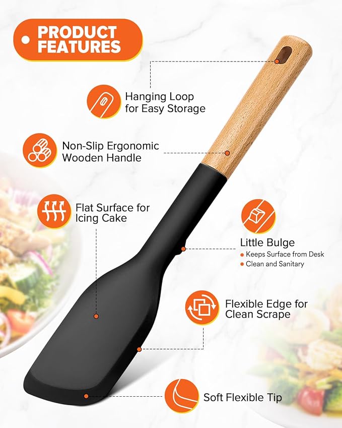 Cooking Spoon and Scraper for Nonstick Cookwares, Great for Cooking and Serving Durable BPA-Free Matte Silicone, Wood Handle Multifunction Spoon for Mixing, Scoop, and Scrape (BLACK)-Ruum Studio Home