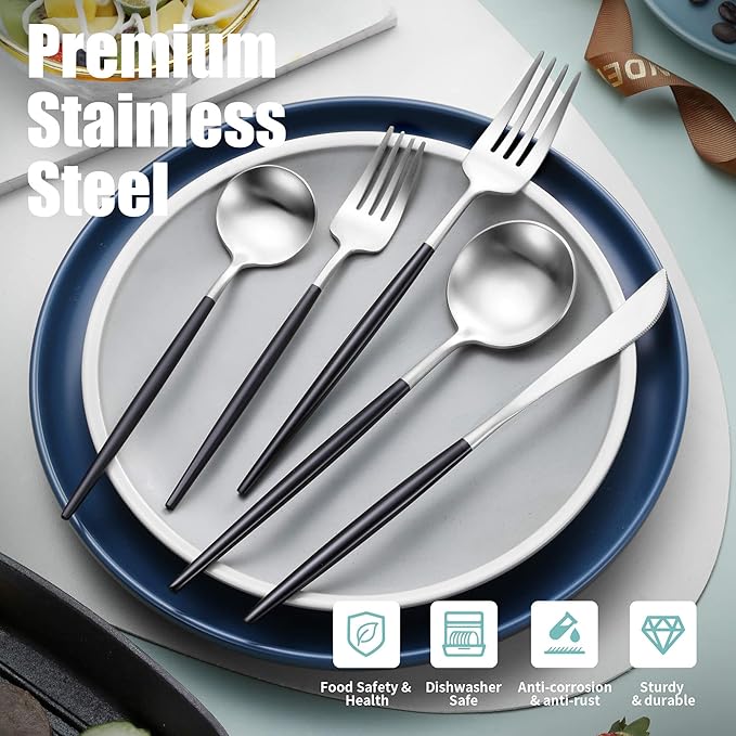 Matte Black Silver Silverware Set for 6,Modern Stainless Steel Brushed Cutlery Set,30-Pieces Heavy Duty Flatware Set,Knives Spoons and Forks Set Utensils Set, Satin Finish, Dishwasher Safe-Ruum Studio Home