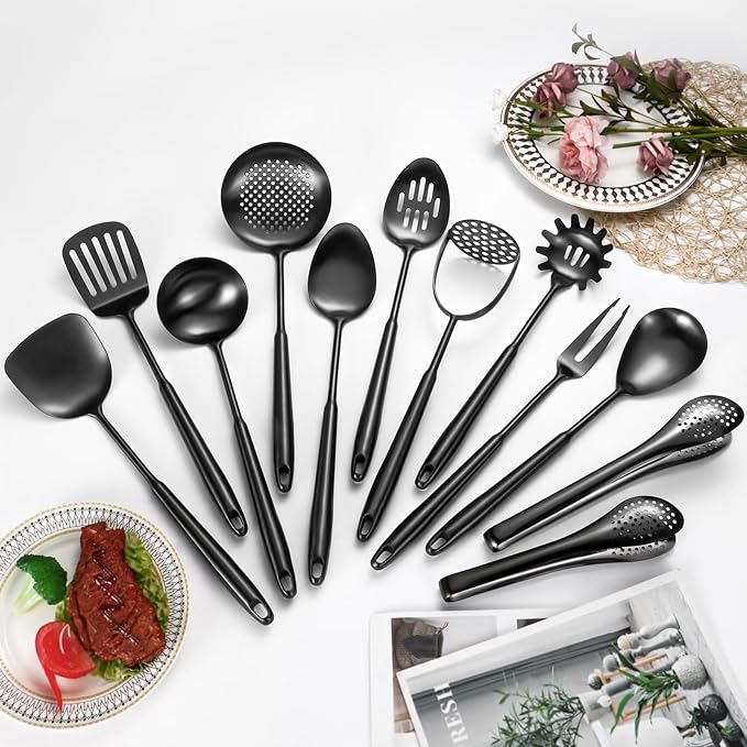 304 Stainlss Steel Matte Kitchen Utensils Set, 12 Pcs Long Metal Cooking Utensil Gadgets Tools Set with Spatula, Ladle, Spoon, Ladle, Skimmer, Tunner, Pasta Server, Tongs(Black, Dishwasher Safe)-Ruum Studio Home