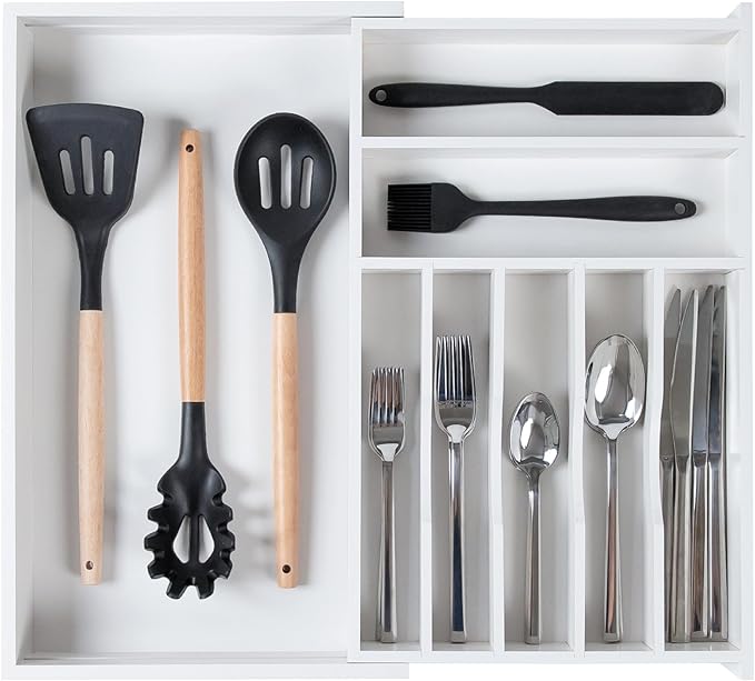 Premium Silverware, Flatware and Utensil Organizer for Kitchen Drawers, Food-Safe Contract Grade, Expandable from 10.5 to 19 In, White Bamboo-Ruum Studio Home