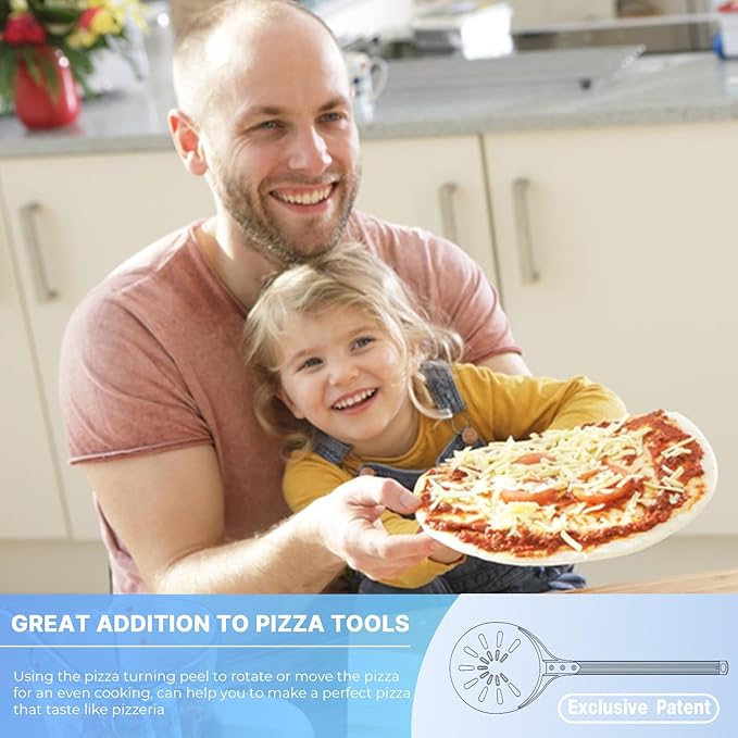 Pizza Turning Peel, 8-inch Pizza Peel Turner Spinner, Long Handle Perforated Aluminum Pizza Peel with Silicone Hook, Pizza Oven Accessories-Ruum Studio Home