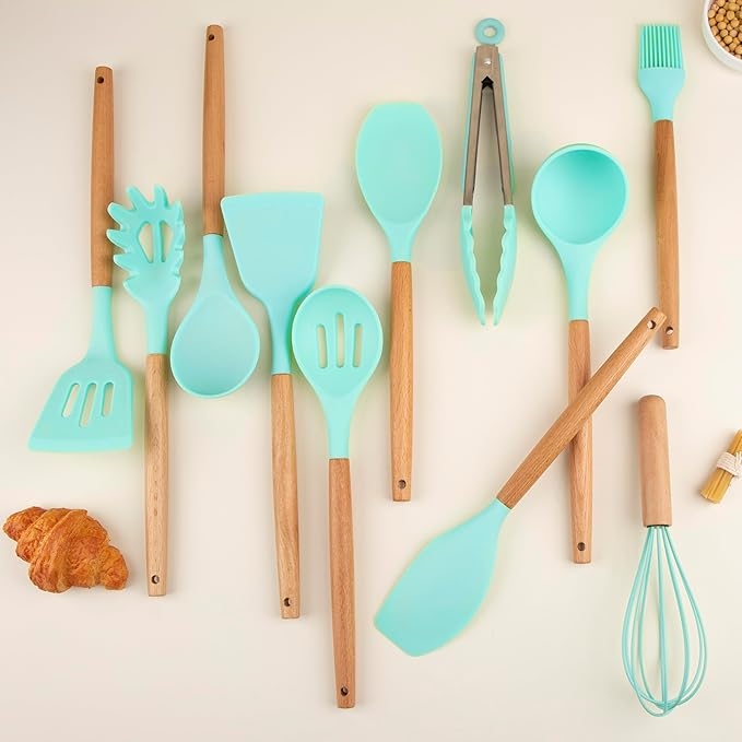 Silicone Cooking Utensils Set, Premium Beech Wood Handle Kitchen Gadgets Utensil Set, Non-Stick Kitchen Utensils Spatula, Tongs, Turner, Whisk, Brush, Spoon, BPA FREE, 446°F Resistant (Mint)-Ruum Studio Home