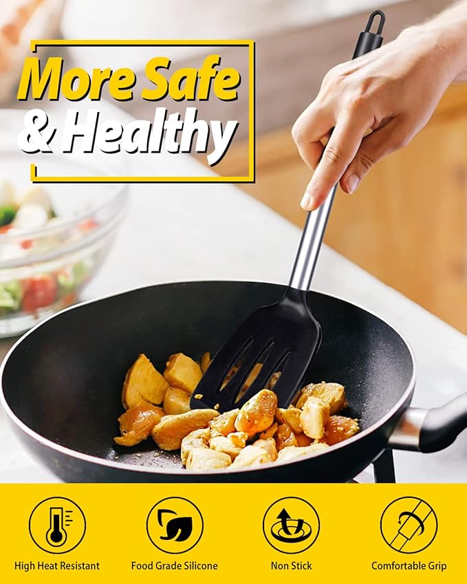 Pack of 2 Silicone Solid Turner, Non Stick Slotted Kitchen Spatulas, High Heat Resistant BPA Free Cooking Utensils, Ideal Cookware for Fish, Eggs, Pancakes(Black)-Ruum Studio Home
