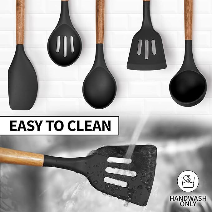 Zulay Kitchen Non-Stick Cooking Utensils Set with Authentic Acacia Wood Handles – 5-Piece Durable & Stylish Silicone Kitchen Utensils Set – Heat Resistant to 464°F – Black-Ruum Studio Home
