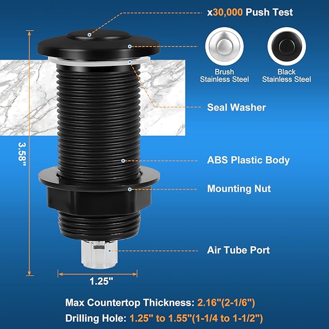 Dual Outlet Garbage Disposal Air Switch Kit, UL Listed Sink Top Air Switch for Food Waste Disposal, 3.58” Extra Long Air Button, Black Stainless Steel-Ruum Studio Home