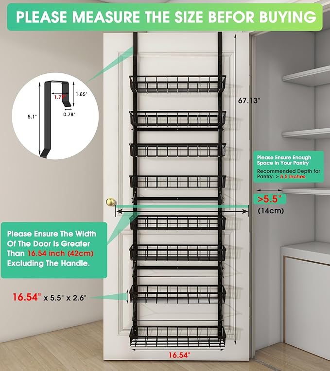 Over The Door Pantry Organizer, Wall Mount Spice Rack, Pantry Hanging Storage and Organization, 8 Adjustable Baskets Heavy-Duty Metal for Home & Kitchen, Back of Door Seasoning Rack - Black-Ruum Studio Home