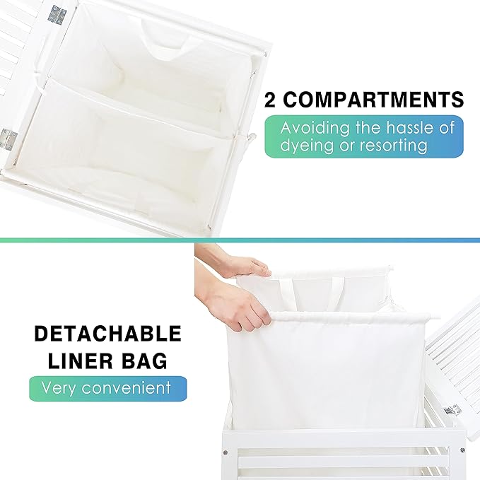SMIBUY Double Laundry Hamper with Lid, 120L Bamboo Laundry Basket with Removable Liner Bag, 2-Section Clothes Divider Laundry Sorter for Laundry Room, Bathroom, Bedroom (White)-Ruum Studio Home