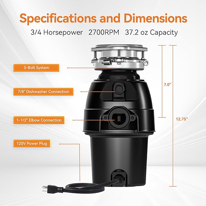 3/4 HP Garbage Disposal, TECASA Food Garbage Disposal with Power Cord, Stainless Steel Grinding System and 3-Bolt Mounting, Continuous Feed Garbage Disposals, Quiet, Taskmaid Series 75-Ruum Studio Home
