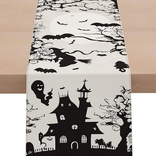 Halloween Table Runner,72 Inches Spooky Haunted House Bats Tree Ghost Witch Table Runner for Halloween, Table Decoration/Party Dinner Table Decor,Kitchen,Mantel,Bedroom Decoration-Ruum Studio Home