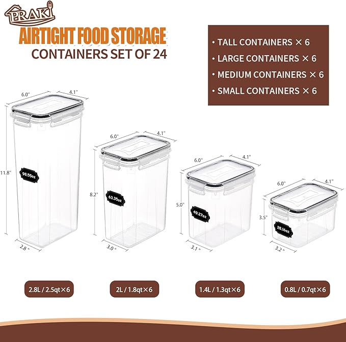 PRAKI Airtight Food Storage Containers Set with Lids - 24 PCS, BPA Free Kitchen and Pantry Organization, Plastic Leak-proof Canisters for Cereal Flour & Sugar - Labels & Marker-Ruum Studio Home