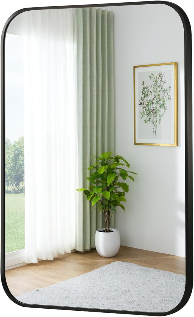 FARMER 24x32 Inch Black Bathroom Mirror, Rectangle Vanity Mirror, Brushed Mirrors for Wall, Metal Frame Hanging Mirror with Round Corner for Bedrooms, Entryways, Living Rooms, Horizontal/Vertical-Ruum Studio Home