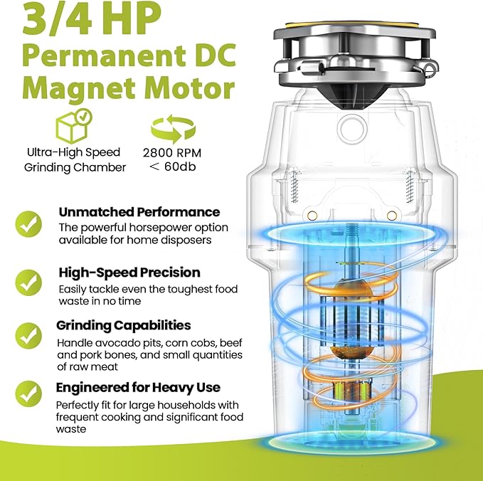 DC Garbage Disposal 3/4 HP Quiet (60dB) with Cord & Dishwasher Hookup for Kitchen Sink Food Waste, 6-Stage Grinding, 3-Bolt, 2700RPM, Continuous Feed, Titanium Stainless Steel, 10-Year Warranty-Ruum Studio Home
