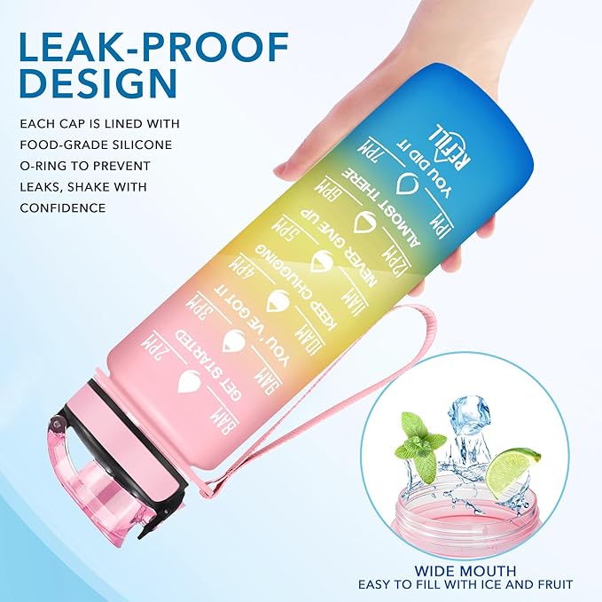 Enerbone Water Bottle, Leakproof BPA & Toxic Free, Motivational Water Bottle with Times to Drink and Straw, Fitness Sports Water Bottle with Strap for Office, Gym, Outdoor Sports-Ruum Studio Home