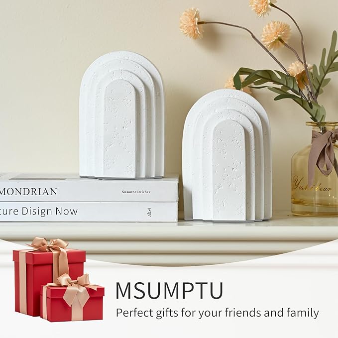 Decorative Bookends for Shelves, Set of 2 Book Ends for Heavy Books, Layered Arch Design White Bookend-Ruum Studio Home