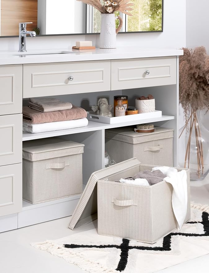 StorageWorks Storage Bins with Lids, Decorative Storage Boxes with Lid and Handles, Foldable Storage Baskets for Closet, Shelves, Stackable, Khaki Stripe, Jumbo, 3-Pack-Ruum Studio Home