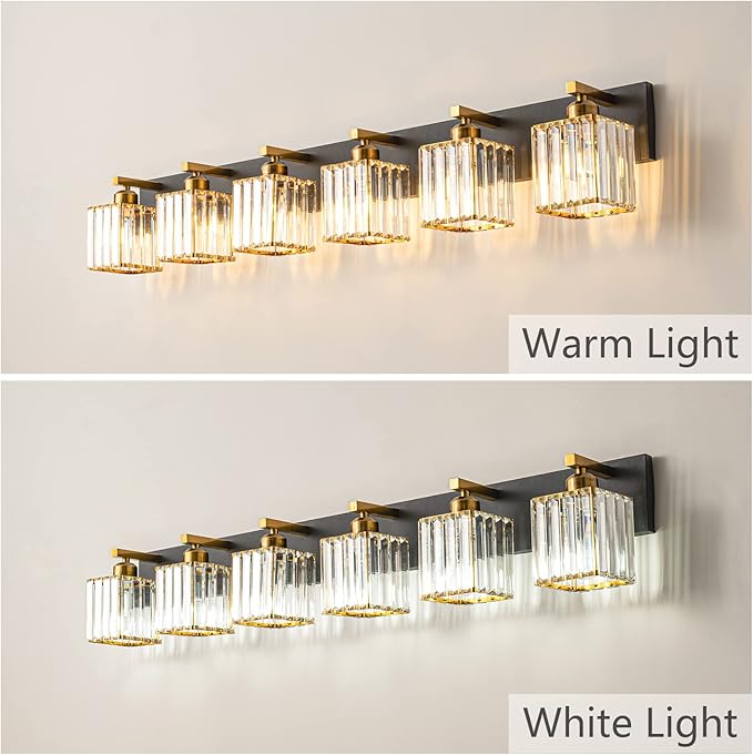Modern Bathroom Vanity Light 6-Lights Black Gold Crystal Bathroom Wall Light Vanity Light Fixtures,44.09-inch Modern Minimalist Design