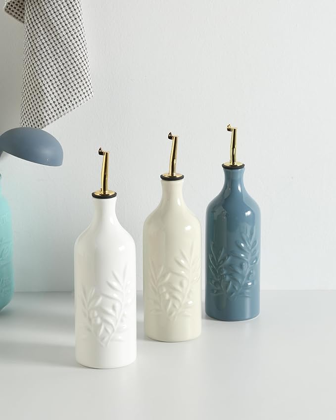 Sweejar Ceramic Olive Oil Dispenser Bottle 20 Oz Relief Opaque Oil Cruet Protects To Reduce Oxidation Suitable for Storage Vinegar, Soy Sauce, Coffee Syrup, Liquids, Set of 1 (Fogblue Gold Spout)-Ruum Studio Home