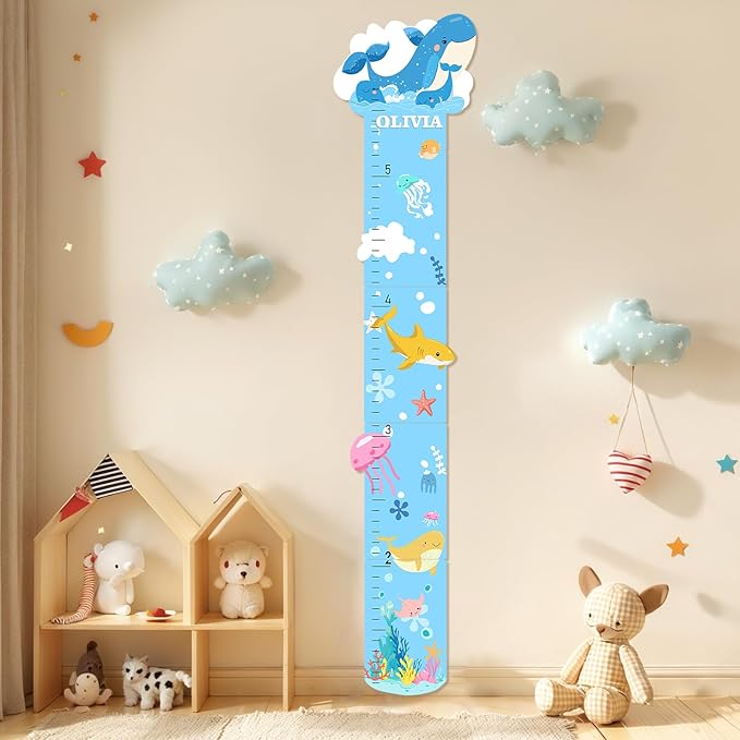 Personalized Name Growth Chart, Marine Animals Wooden Growth Chart for Kids, Height Chart for Boys Girls, Measuring Board for Kids Height for Child's Room, Nursery Decor Decoration-Ruum Studio Home