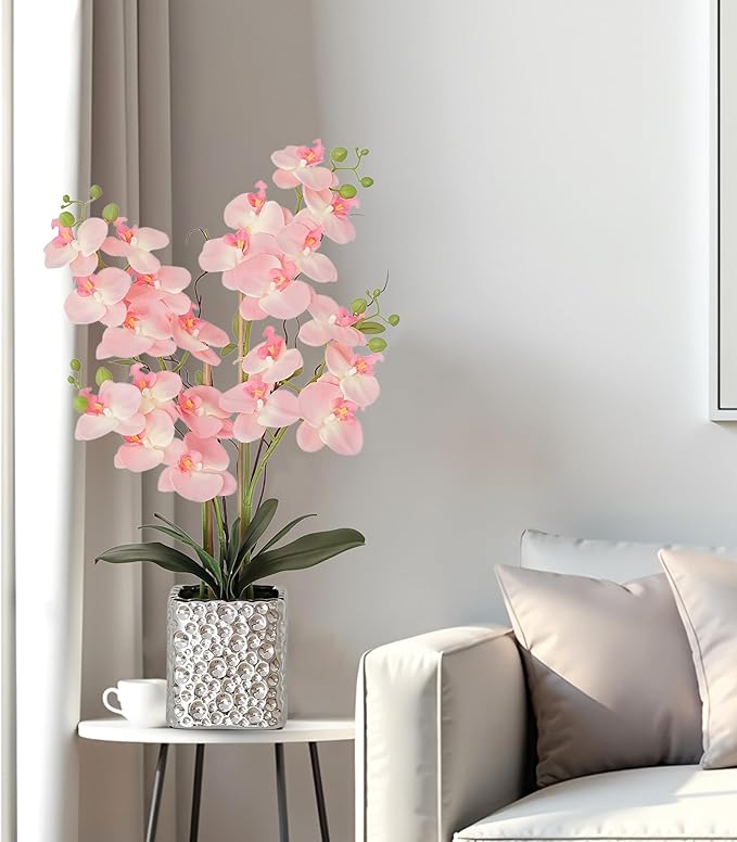 Orchid Artificial Flowers with Sliver Vase Large Silk Faux Phalaenopsis Flowers for Dining Room Table Floral Centerpieces Indoor Decoration,Pink-Ruum Studio Home
