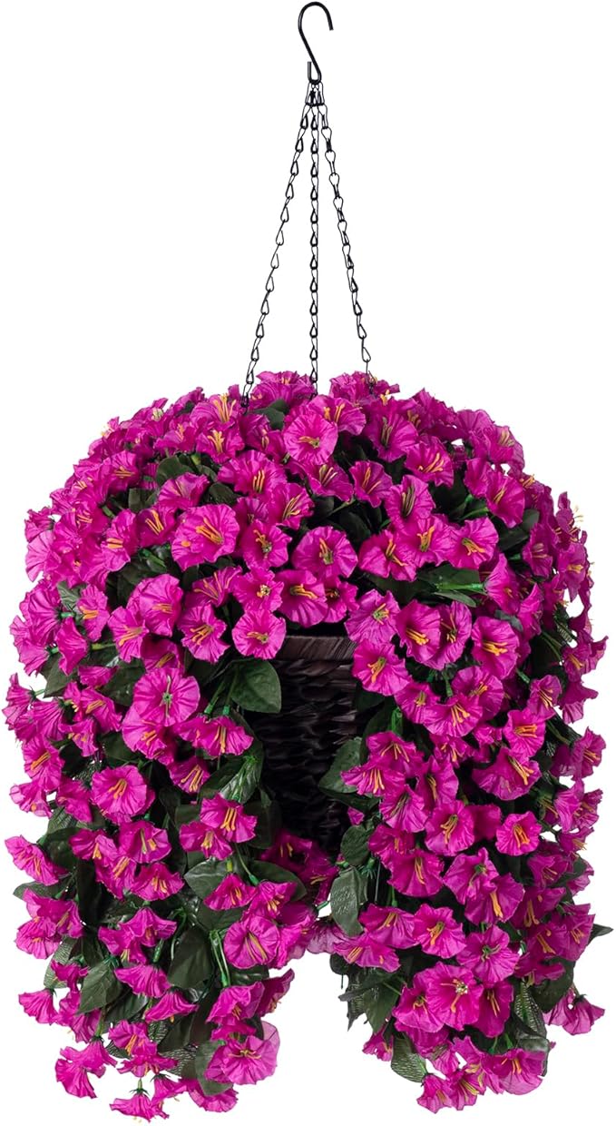 Artificial Fake Hanging Flowers Plants Baskets for Outdoor Outside Decoration, Faux Silk UV Resistant Realistic Fuchsia Morning Glory Planter for Home Porch Patio Balcony Garden Yard-Ruum Studio Home