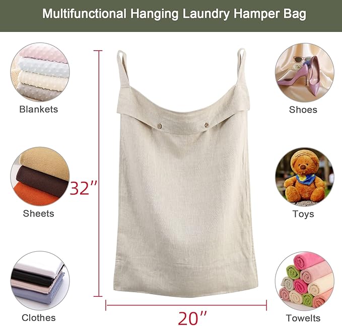 Linen Hanging Laundry Bag, 100% Linen Over The Door Laundry Hamper with Buttons and Zipper, Space Saving Door Hampers for Laundry Dirty Clothes Home Travel, Linen-Ruum Studio Home