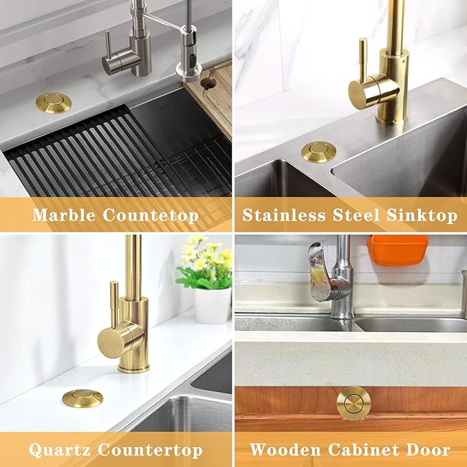 BESTILL Garbage Disposal Button, UL Listed, Cordless Sink Top Air Switch Kit for Waste Disposal, 3.6" Long Push Button with Brass Cover, Brushed Titanium Gold/Brushed Brass-Ruum Studio Home